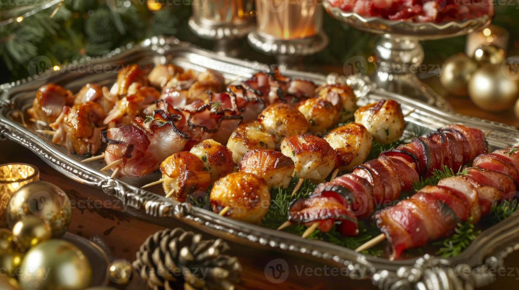 A platter of decadent hors doeuvres including bitesized crab cakes and savory baconwrapped dates sits temptingly on a silver tray photo
