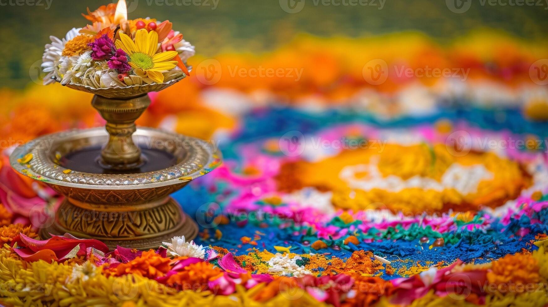 A traditional oil lamp or diya adorned with flowers and p on a bed of colorful rangoli designs photo