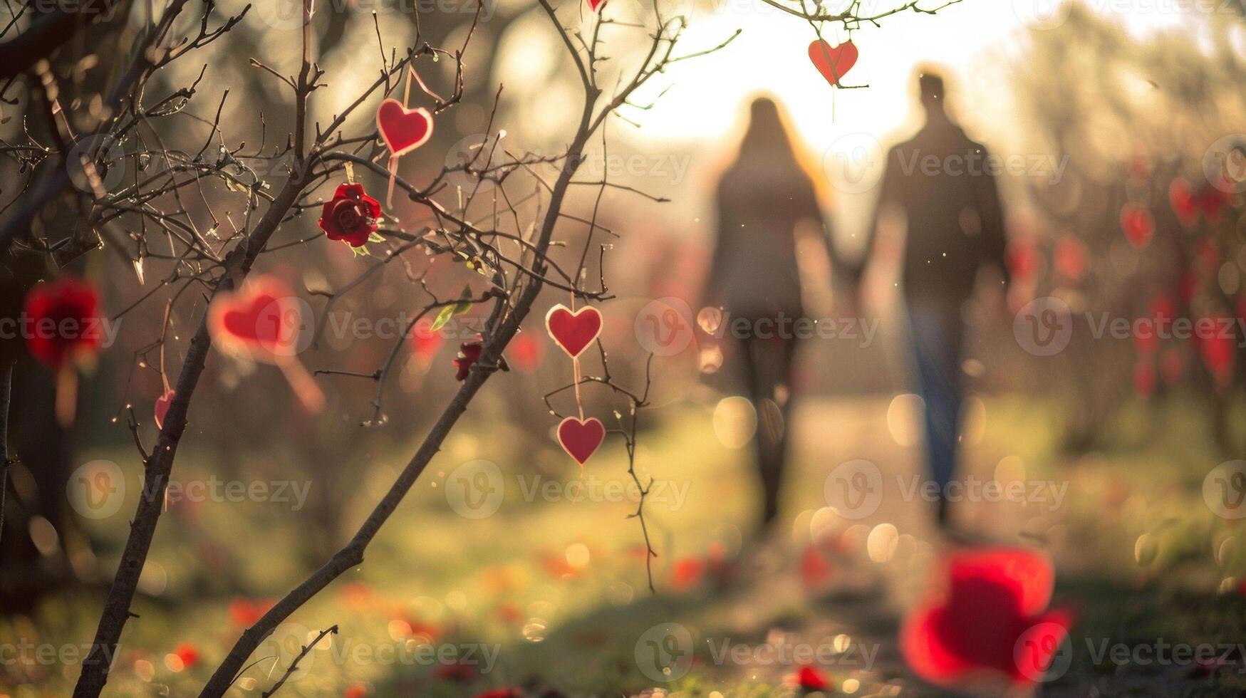 A couple holding hands walking through a park adorned with heartshaped decorations and red roses enjoying a leisurely Valentines Day stroll photo