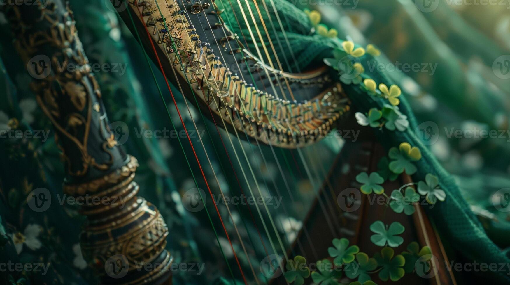 A closeup of a traditional Irish harp adorned with green ribbons and a sprig of lucky fourleaf clovers set against a backdrop of shamrockstudded fabric photo