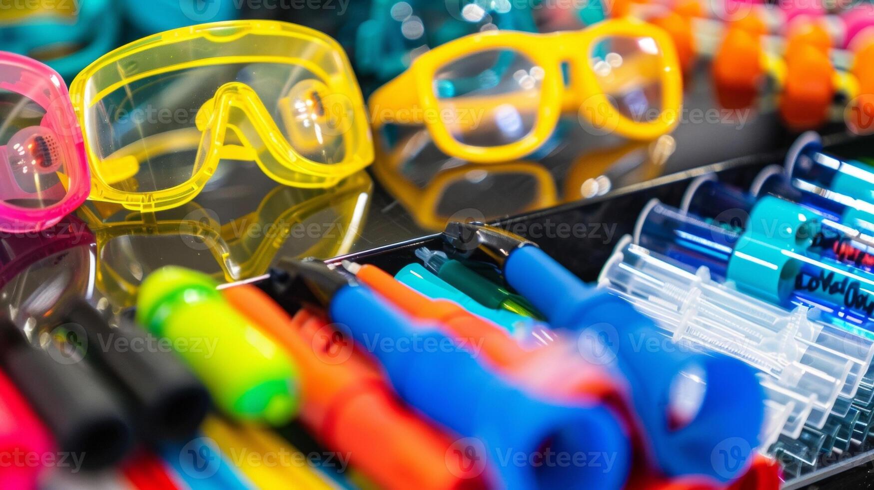 A display of firework safety gear including earplugs and safety glasses photo