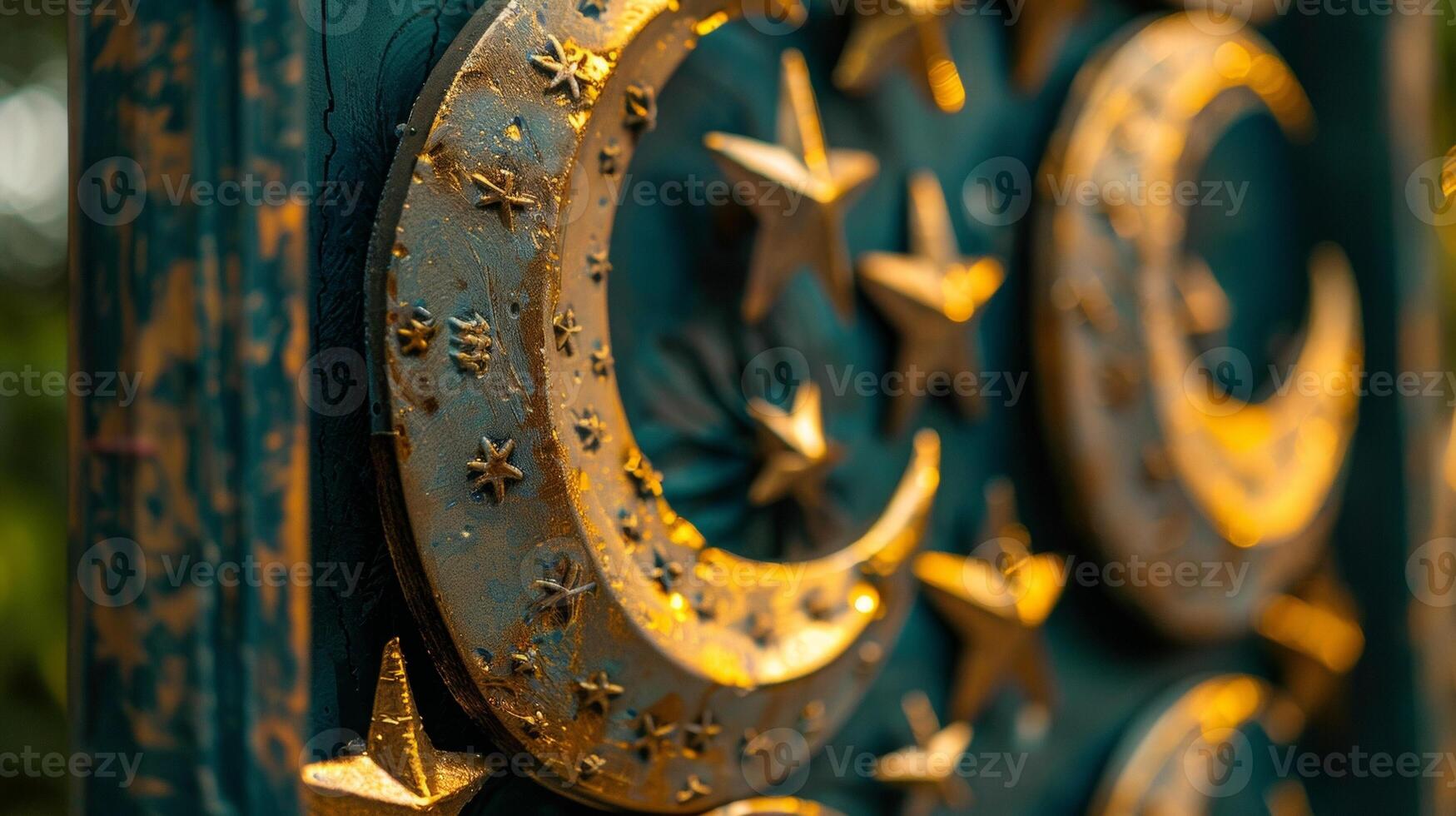 The symbols of crescent moons and stars adorning homes and businesses representing the Islamic lunar calendar and the significance of the holy month photo