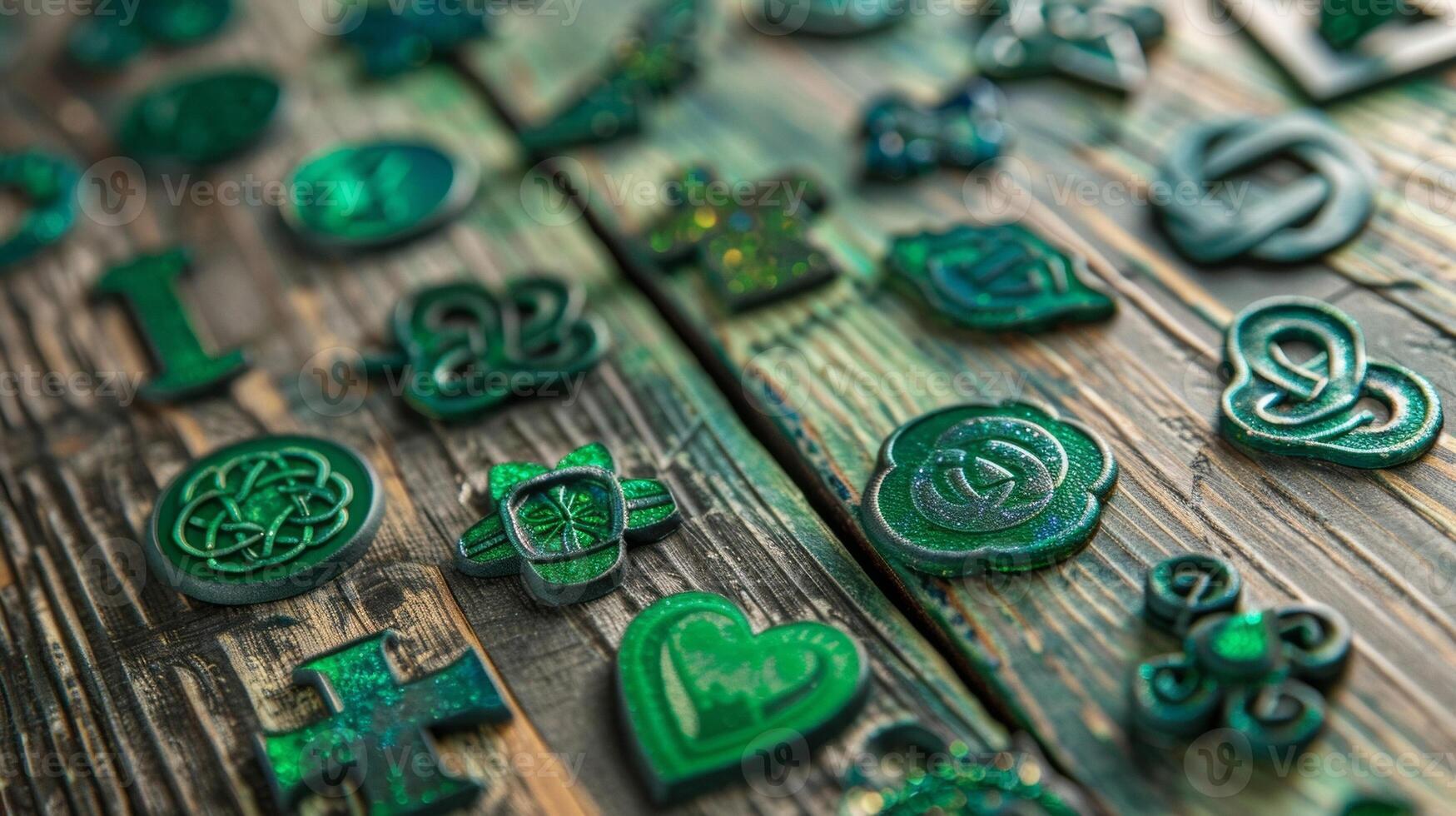 A table lined with green temporary tattoos featuring various Irish symbols such as the Claddagh ring and Celtic knots ready to be applied as a festive way to show off one photo