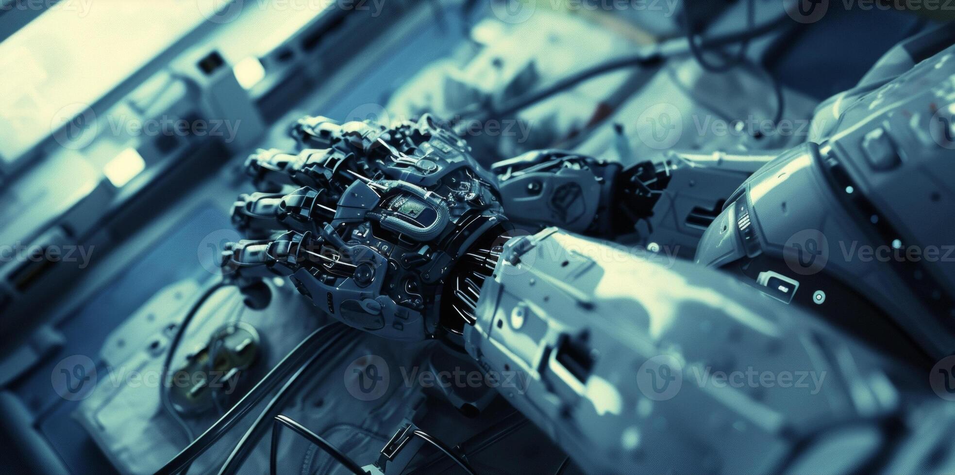 A macro shot of a robotic arm using precise and calculated movements to assist a surgeon in performing a complex procedure photo