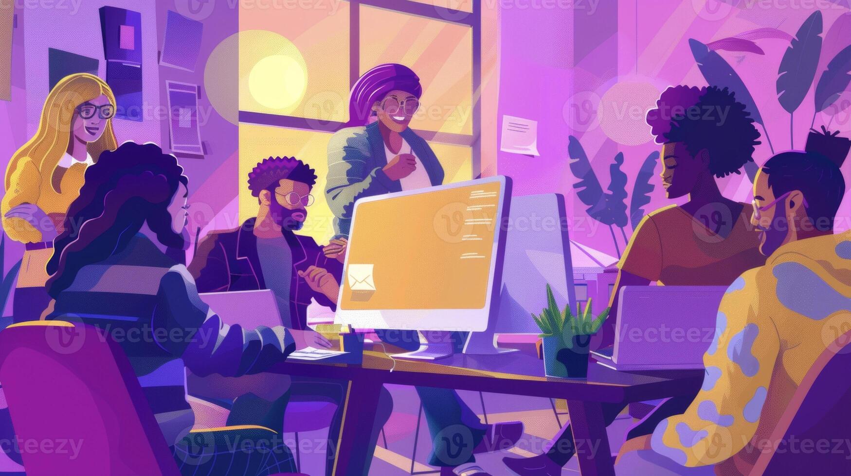 A diverse group of employees gathered around a computer using a digital platform to participate in a virtual mental health workshop photo