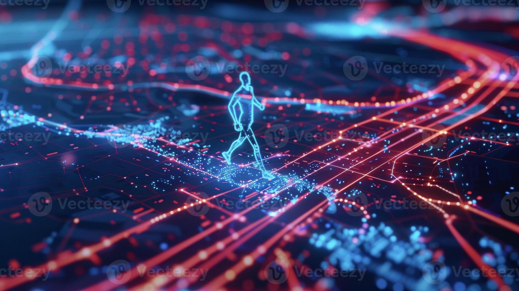 An image of a fitness trackers app displaying a 3D map of the users running route with live data on distance speed and calories burned overlayed photo