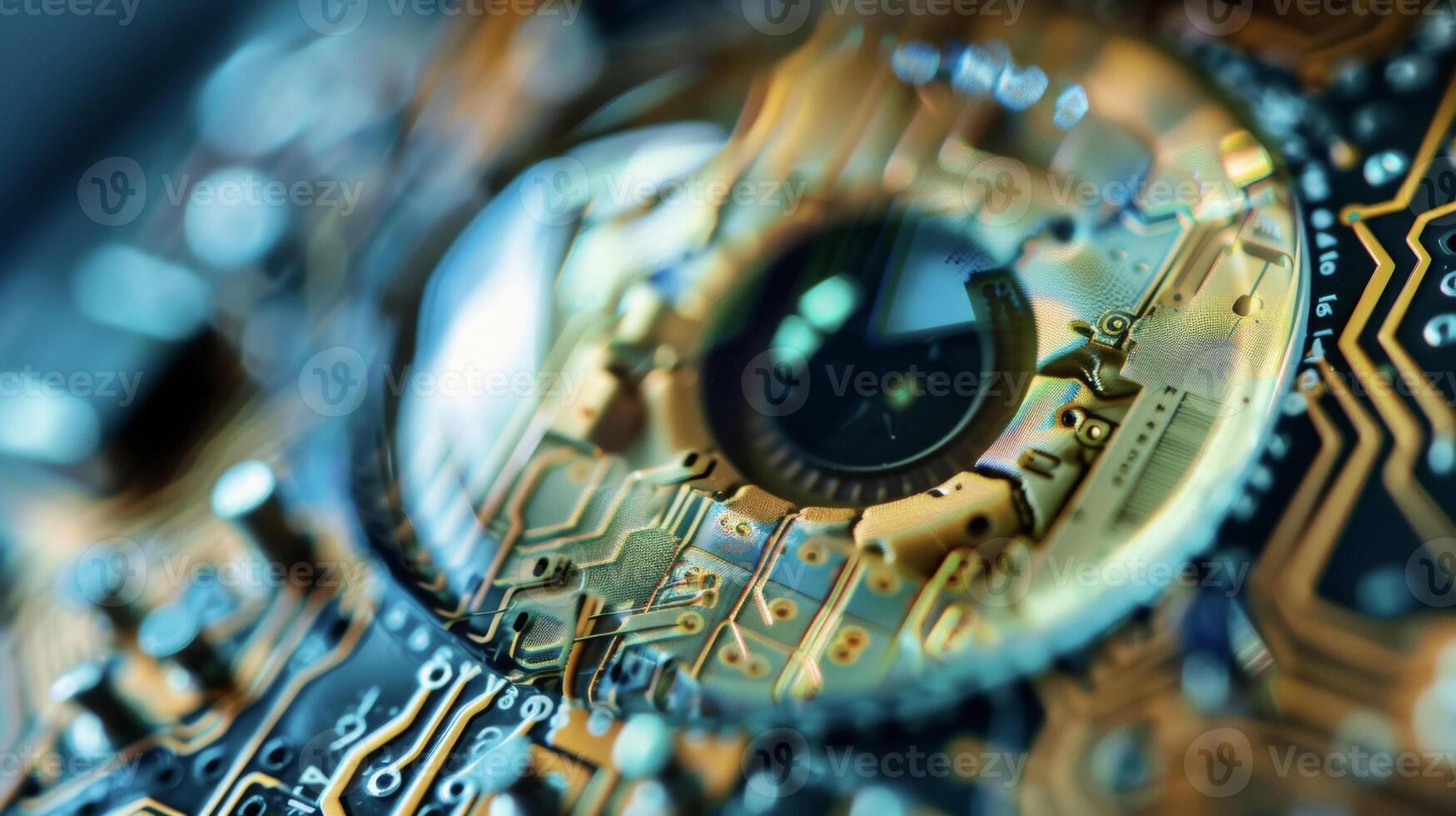 A macro shot of the contact lens revealing the detailed circuitry and components that make up its smart functionality photo