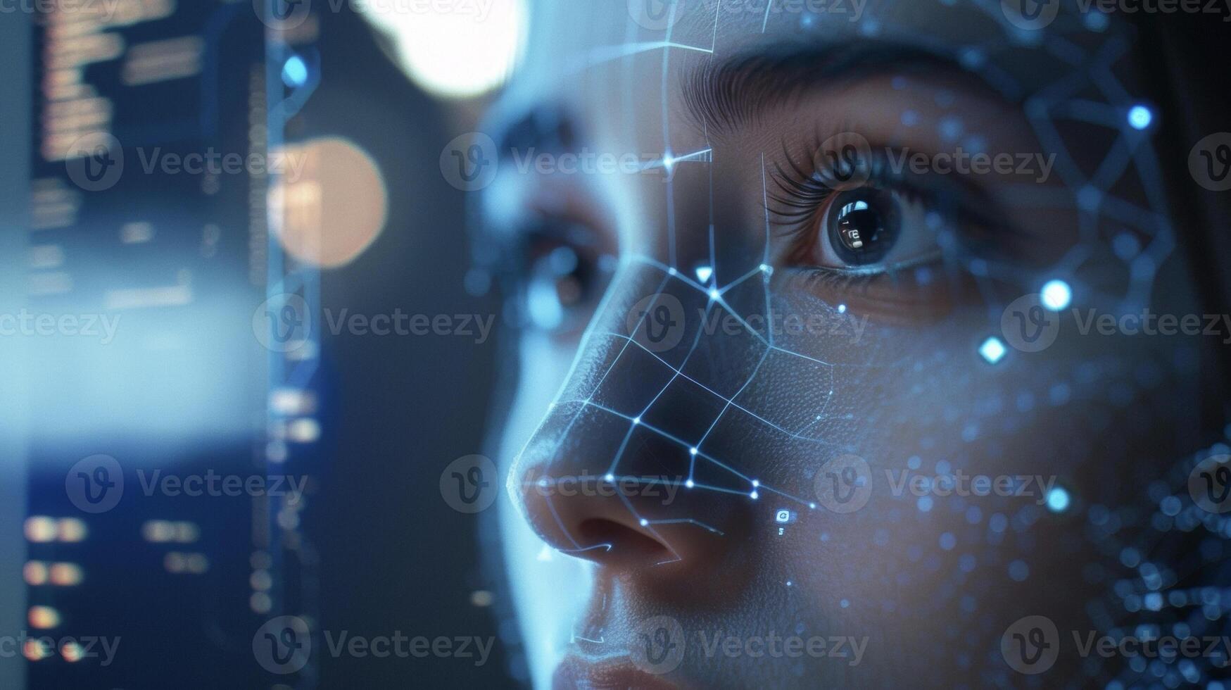 A closeup of a persons face being scanned by facial recognition technology which is used as an additional layer of security in the consent management blockchain photo