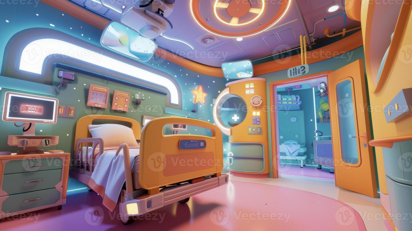 A virtual reality simulation of a childs hospital room where they can roleplay as a patient and learn about hospital procedures and protocols photo