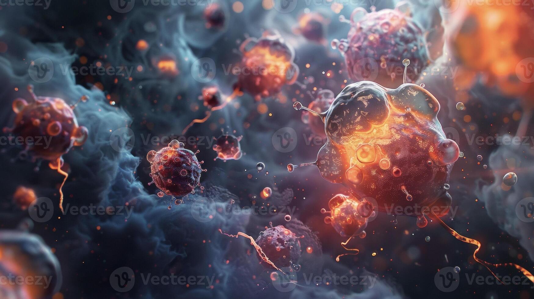 Closeup of a of tumor cells under attack by a group of powerful nanorobots destroying them from within photo