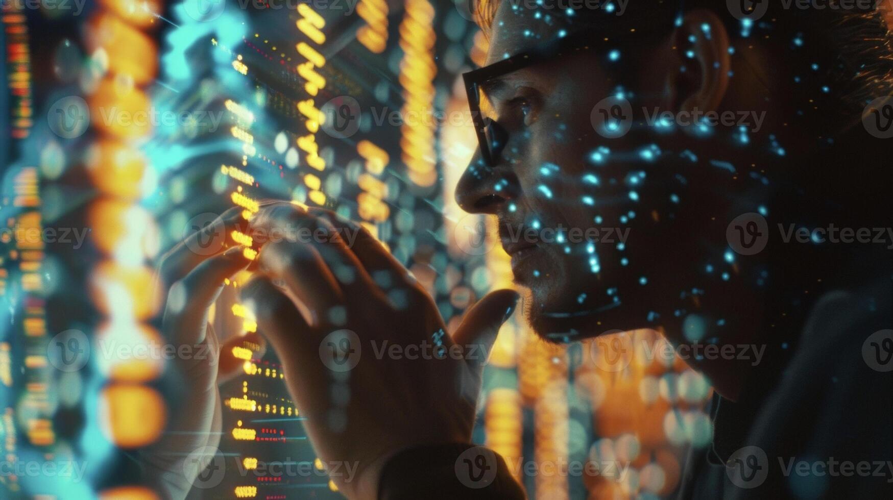 A geneticist carefully analyzes DNA sequencing data on a computer screen with glowing quantum computing graphics in the background photo