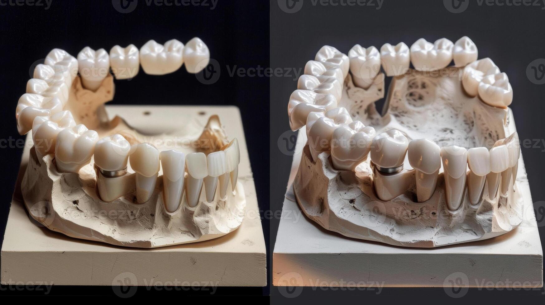 A before and after comparison of a dental procedure with the before image showing a 3D scan of the patients mouth and the after image displaying the final results throug photo