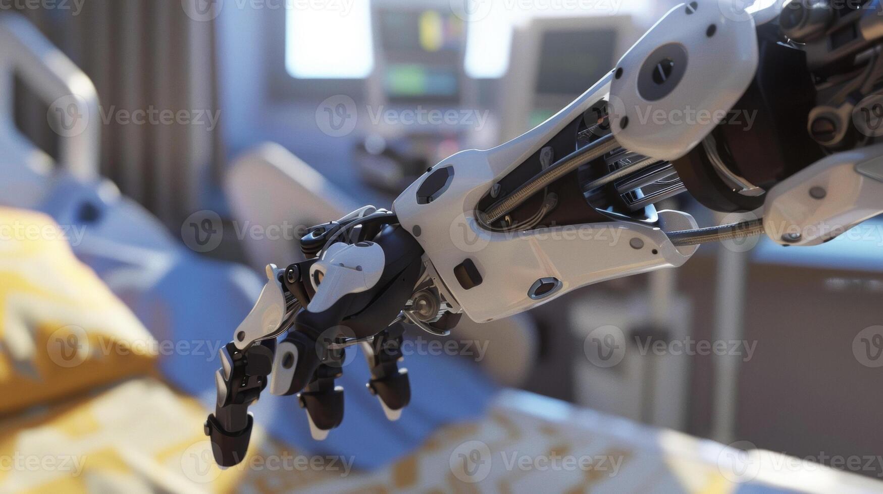 A detailed view of a robotic arm guiding a stroke survivors arm through reaching and grasping movements with the goal of reducing muscle weakness and promoting recovery photo