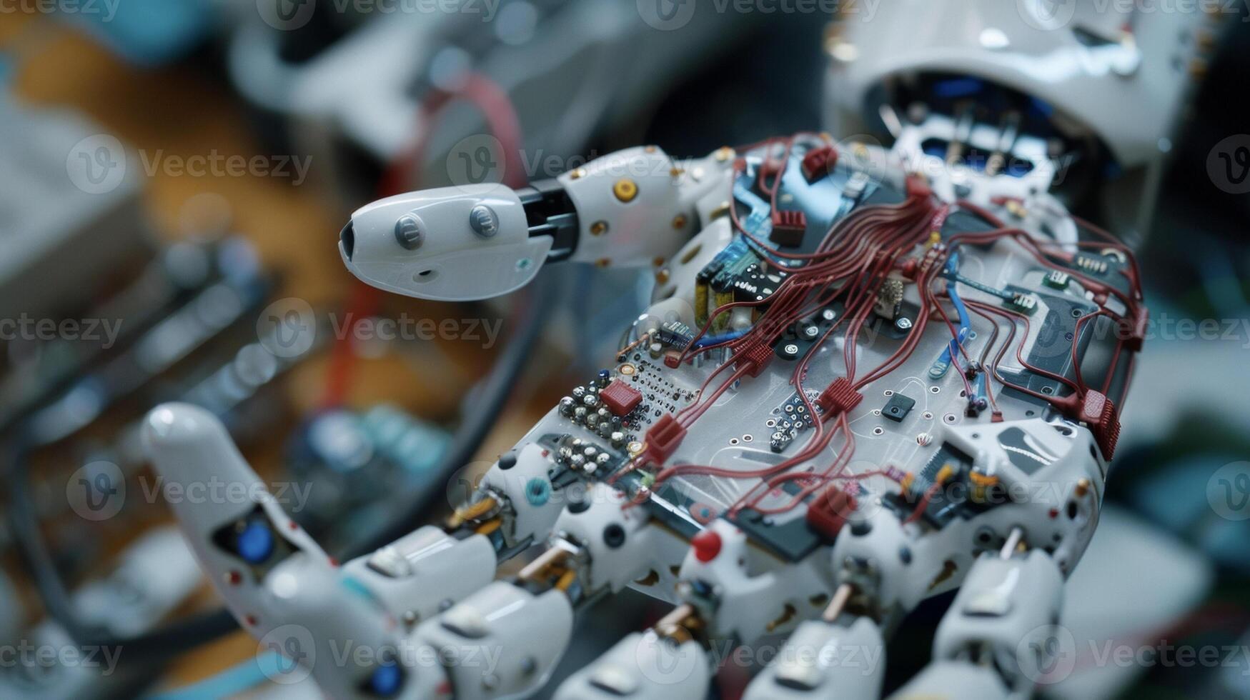 An intricate view of the sensors and electrical components within a robotic therapy glove providing realtime data to track progress and adjust therapy for stroke survivors photo