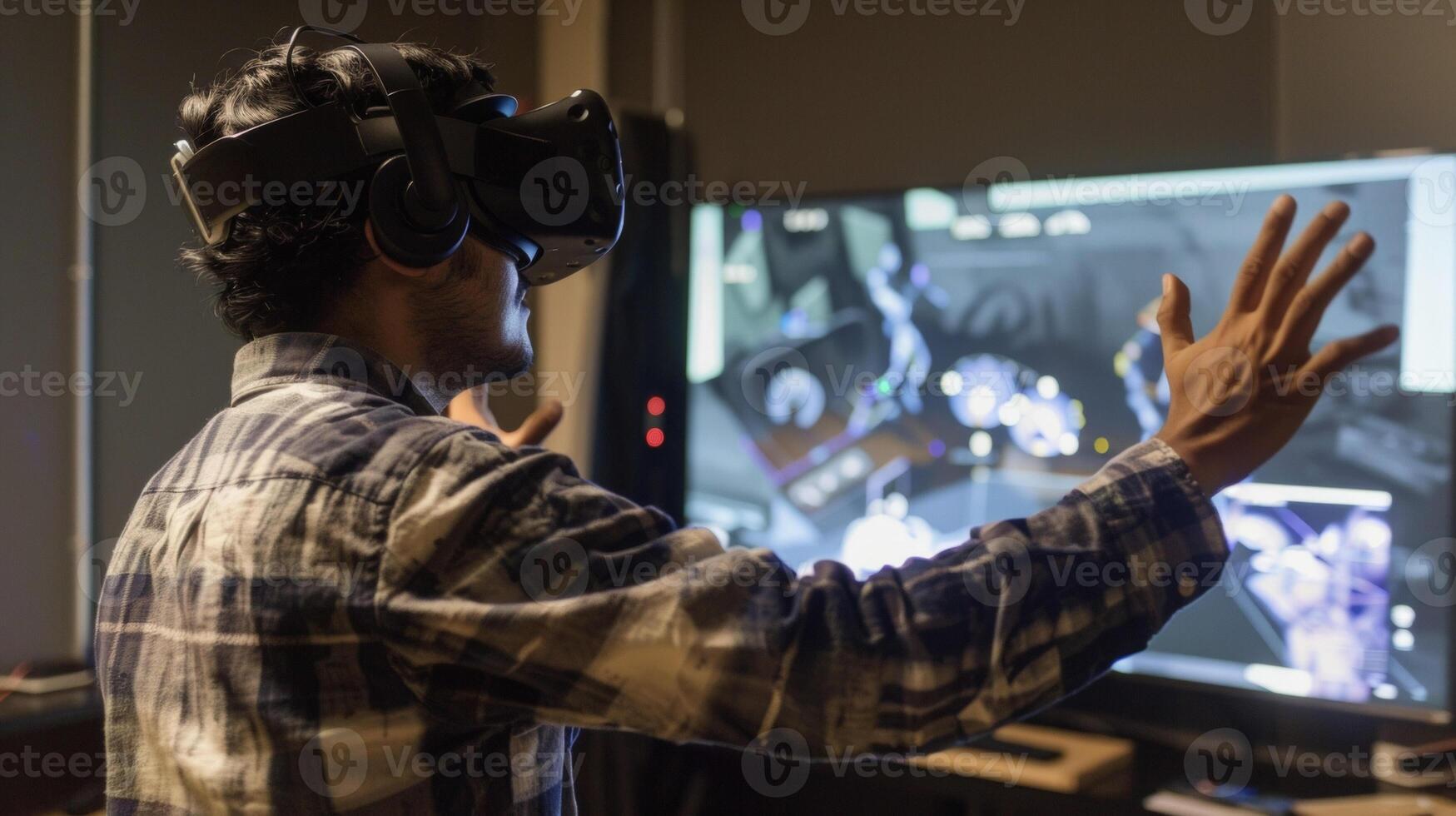 A person using hand motions to interact with objects in a virtual reality scenario part of a treatment program for schizophrenia photo