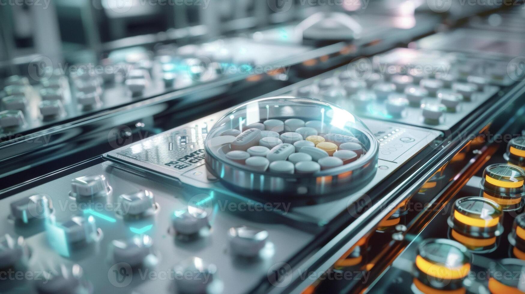 A magnified view of a blockchainpowered smart sensor attached to a medication package showcasing how this technology can monitor storage conditions and prevent spoilage photo