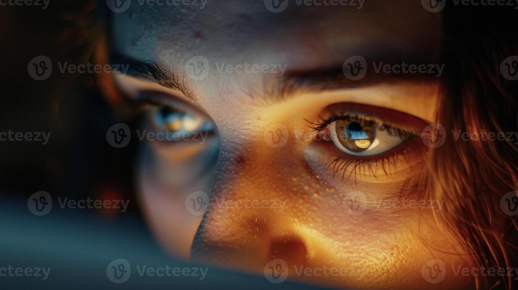A persons face is bathed in the light of their laptop screen as they participate in an online support group through a digital addiction recovery program photo