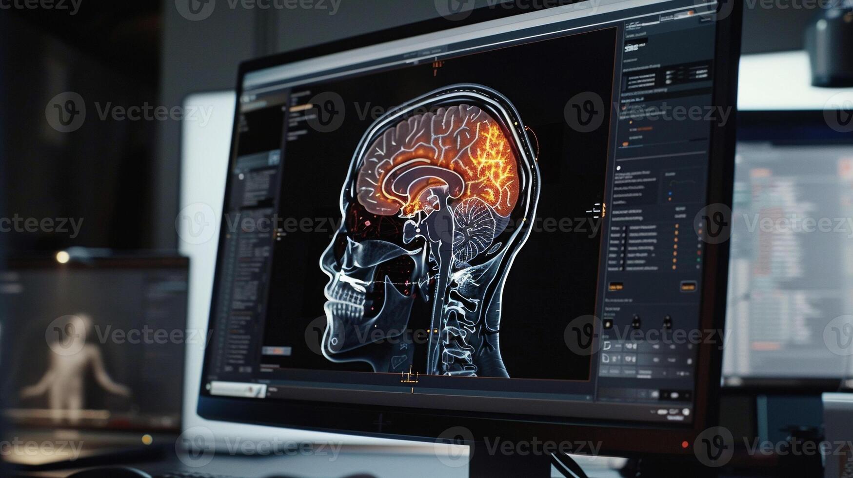 A closeup of a computer monitor displaying a digital twin undergoing a virtual MRI scan to detect potential health issues photo