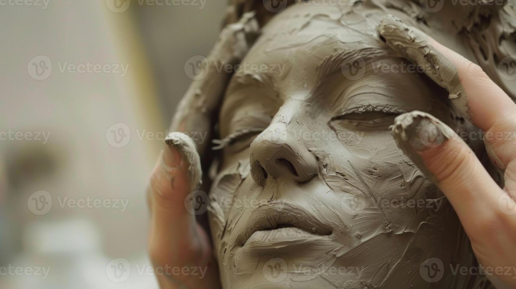 A closeup of a students hands as they sculpt a clay figure a look of concentration evident on their face photo