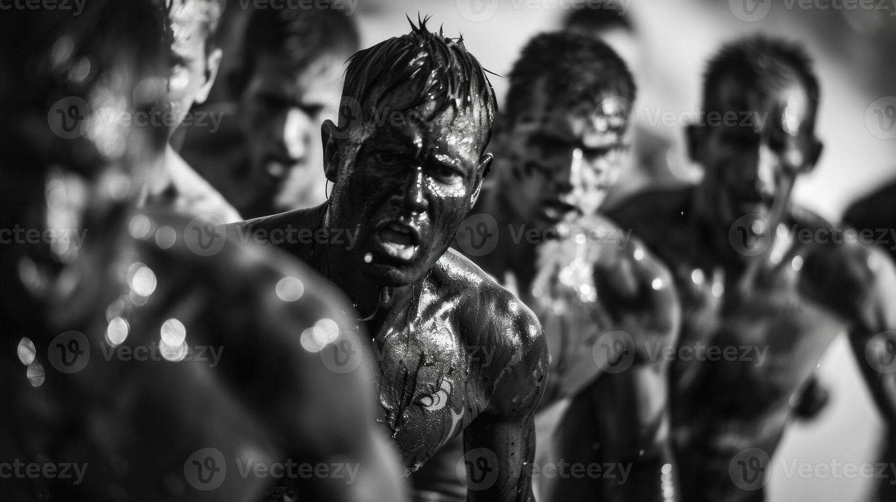 A group of athletes exhausted and sweaty but still pushing themselves to their limits with determination and grit determined to improve photo