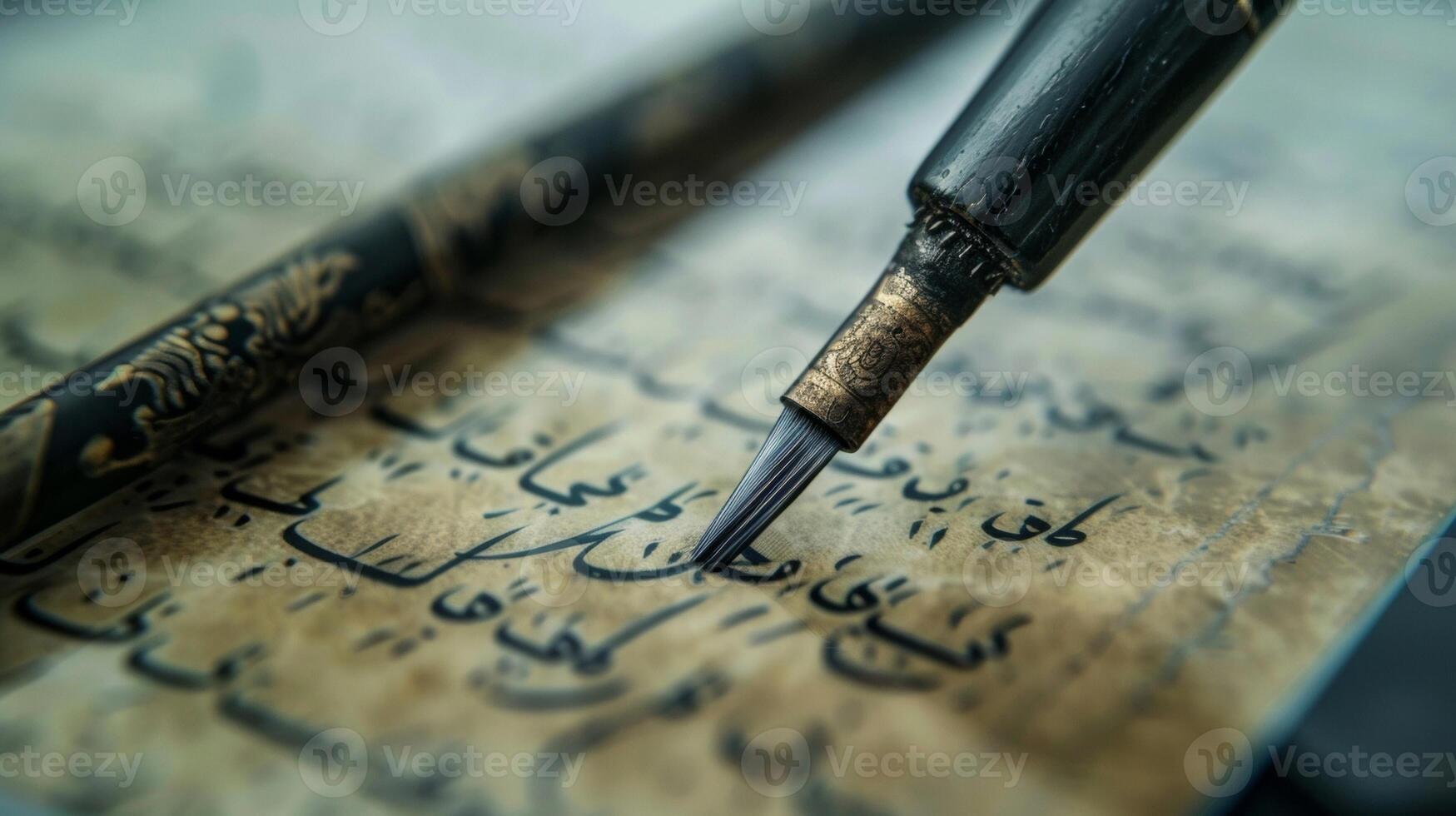 A macro shot of a traditional calligraphy brush writing on a tablet screen demonstrating the melding of ancient art forms with modern technology in teaching ods photo