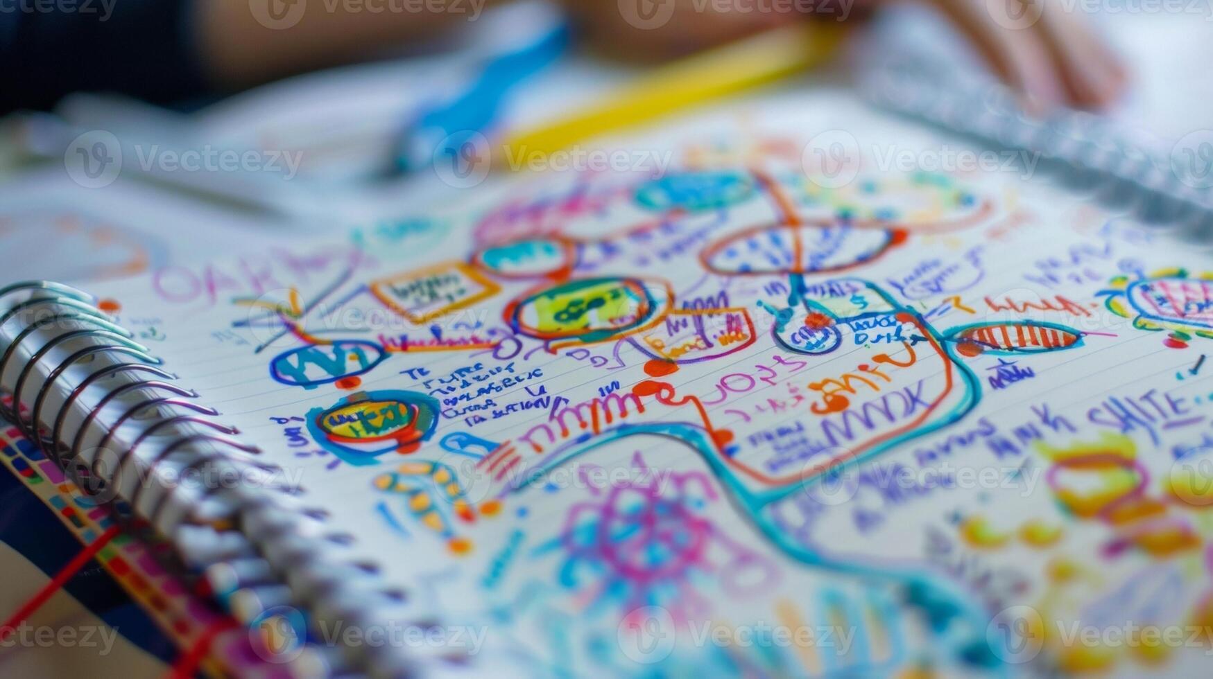 A closeup of a students notebook filled with colorful mind maps and diagrams detailing their ideas for a digital storytelling project photo