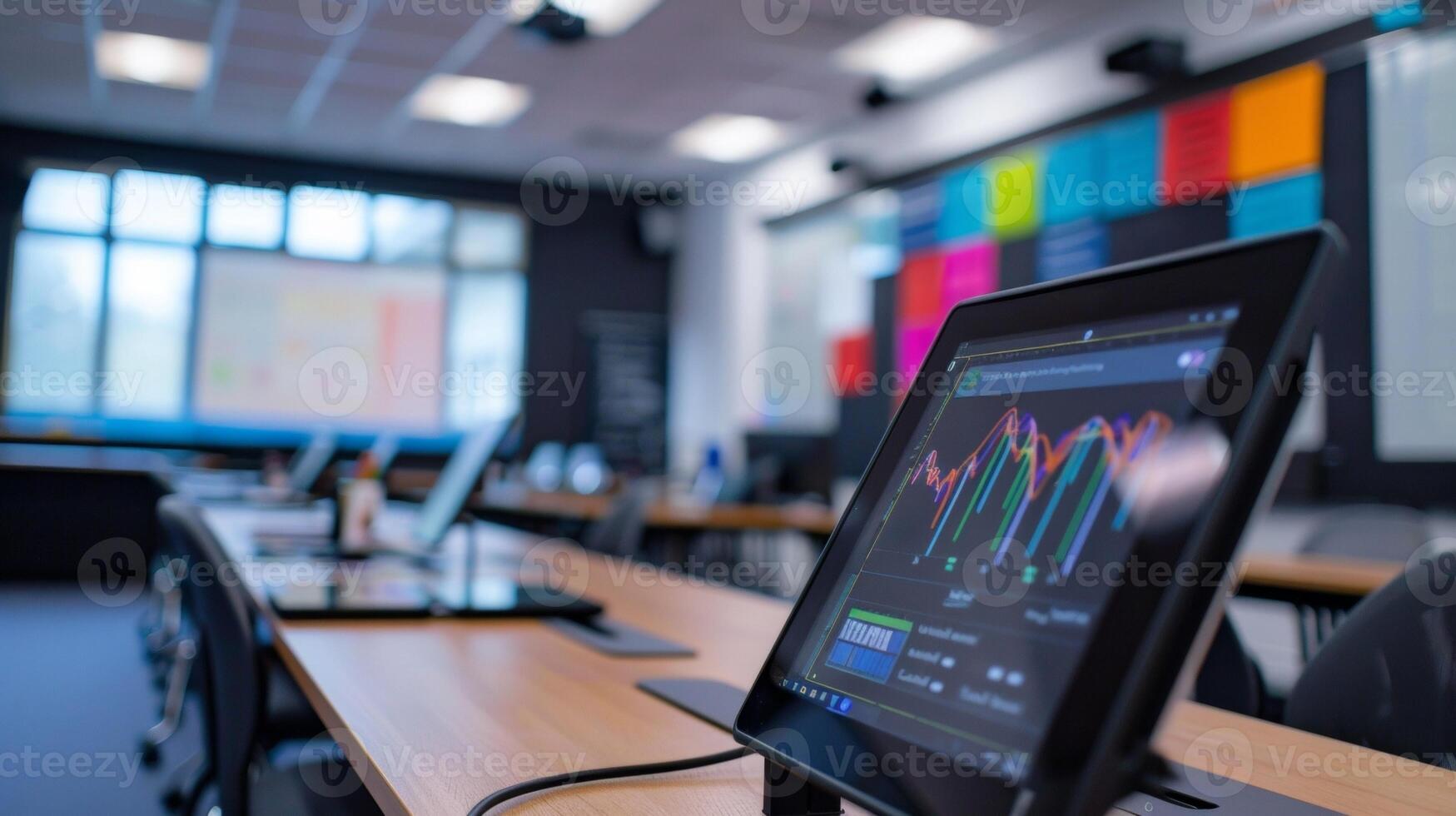 An upclose photo of a language classroom showcasing traditional teaching ods such as blackboards and chalk as well as modern technology such as interactive whiteboards an