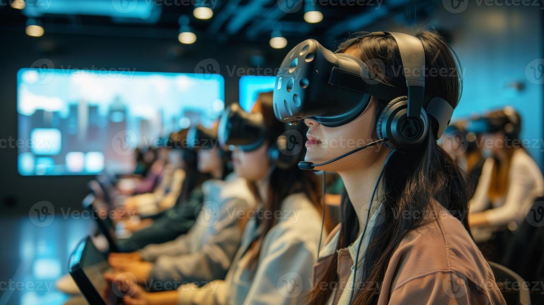 A high definition photo of a conference room filled with students and a teacher all wearing headphones actively participating in a virtual lecture on global market trend