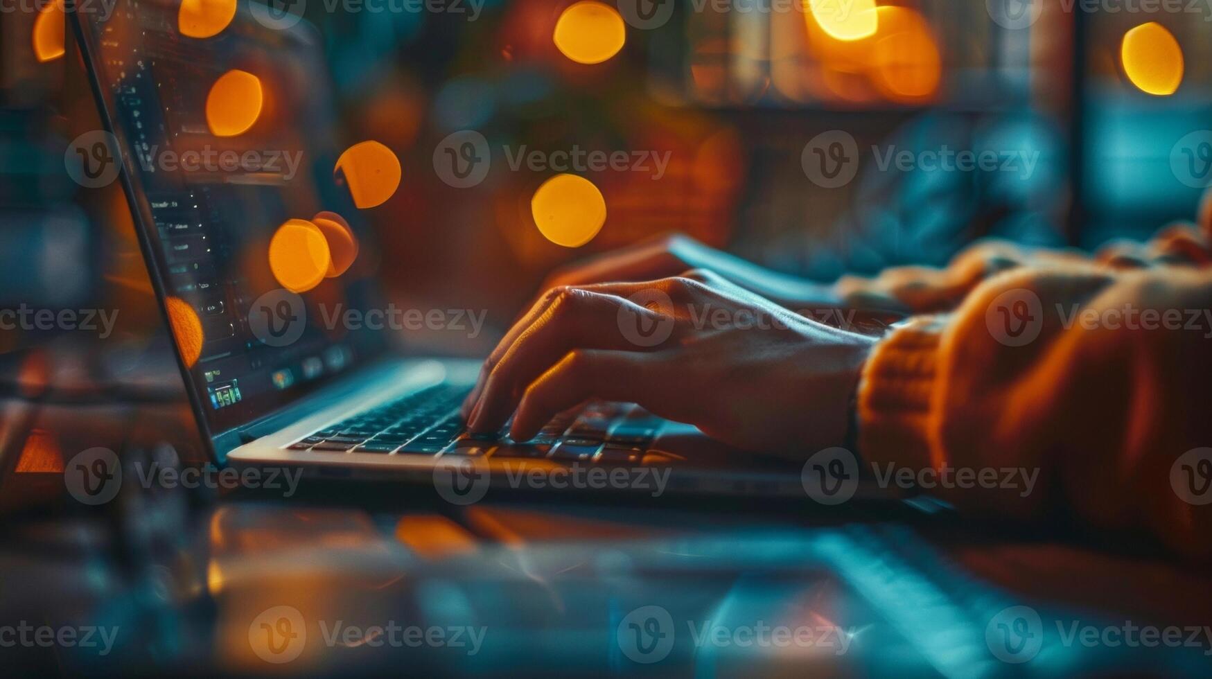 The hands of a person typing on a laptop with a blurred background of a classroom. This image captures the idea of utilizing technology and digital skills learned in the classroo photo