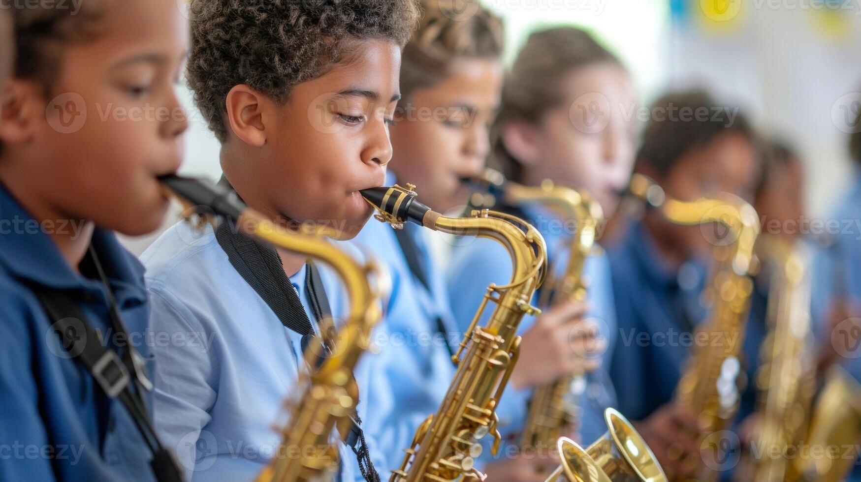 A detailed shot of a conservatory classroom filled with students practicing on a variety of instruments. The focus is on one student their fingers expertly playing a comple photo