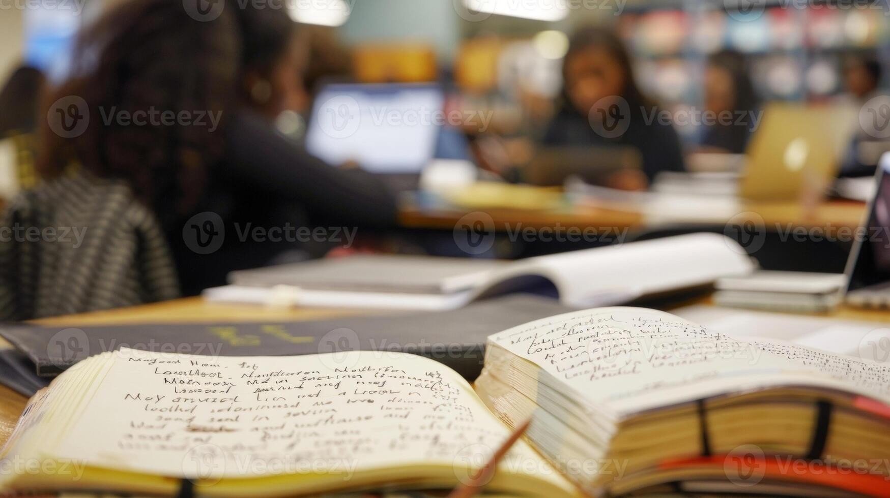A closeup of a students handwritten notes filled with annotations and highlighted sections as they review a lecture from a previous class. In the background other student photo