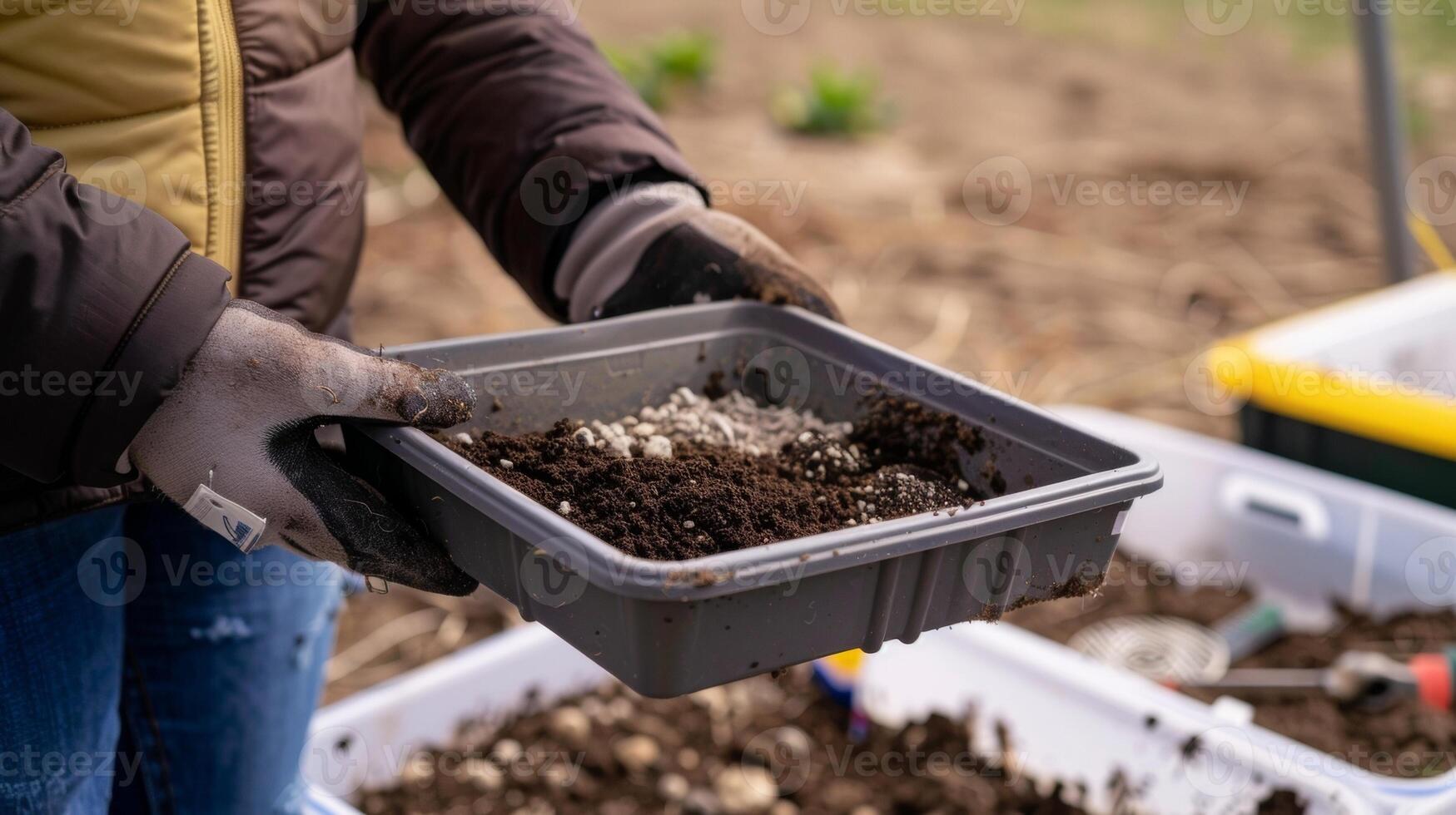 A hand holding a tray of soil samples with various tools and equipment laying on a nearby table during a behindthescenes tour of a farms research facilities photo