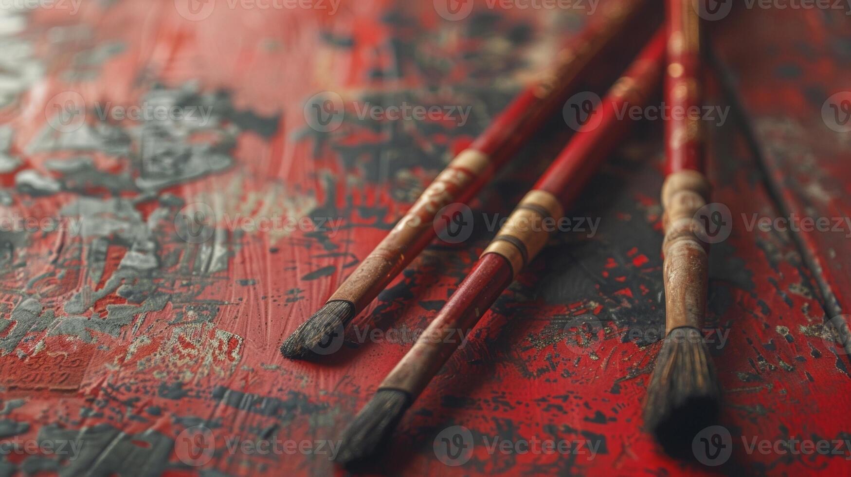 A set of ancient Chinese calligraphy brushes and ink stones symbolizing the teachings of Confucianism and the importance of writing photo