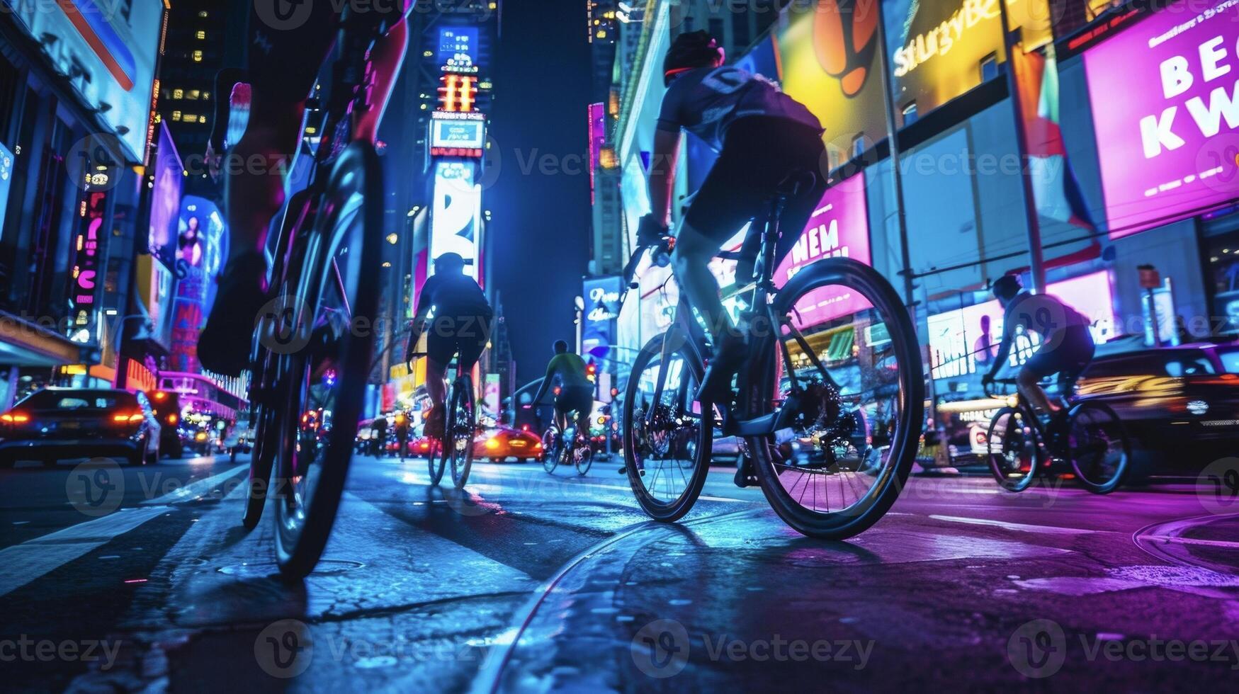 In the foreground a group of cyclists ride along a dedicated lane through an illuminated cityscape with colorful signs and banners proclaiming the area as bikefriendly photo