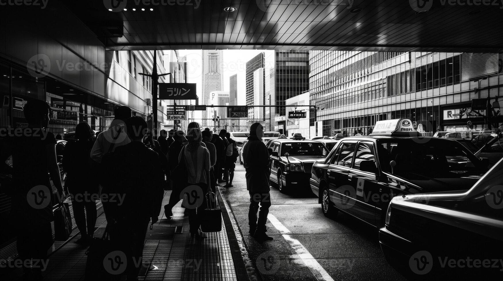 A somber black and white image of a crowded taxi stand with the shadowy figures of passengers waiting for their rides surrounded by tall buildings in the background photo