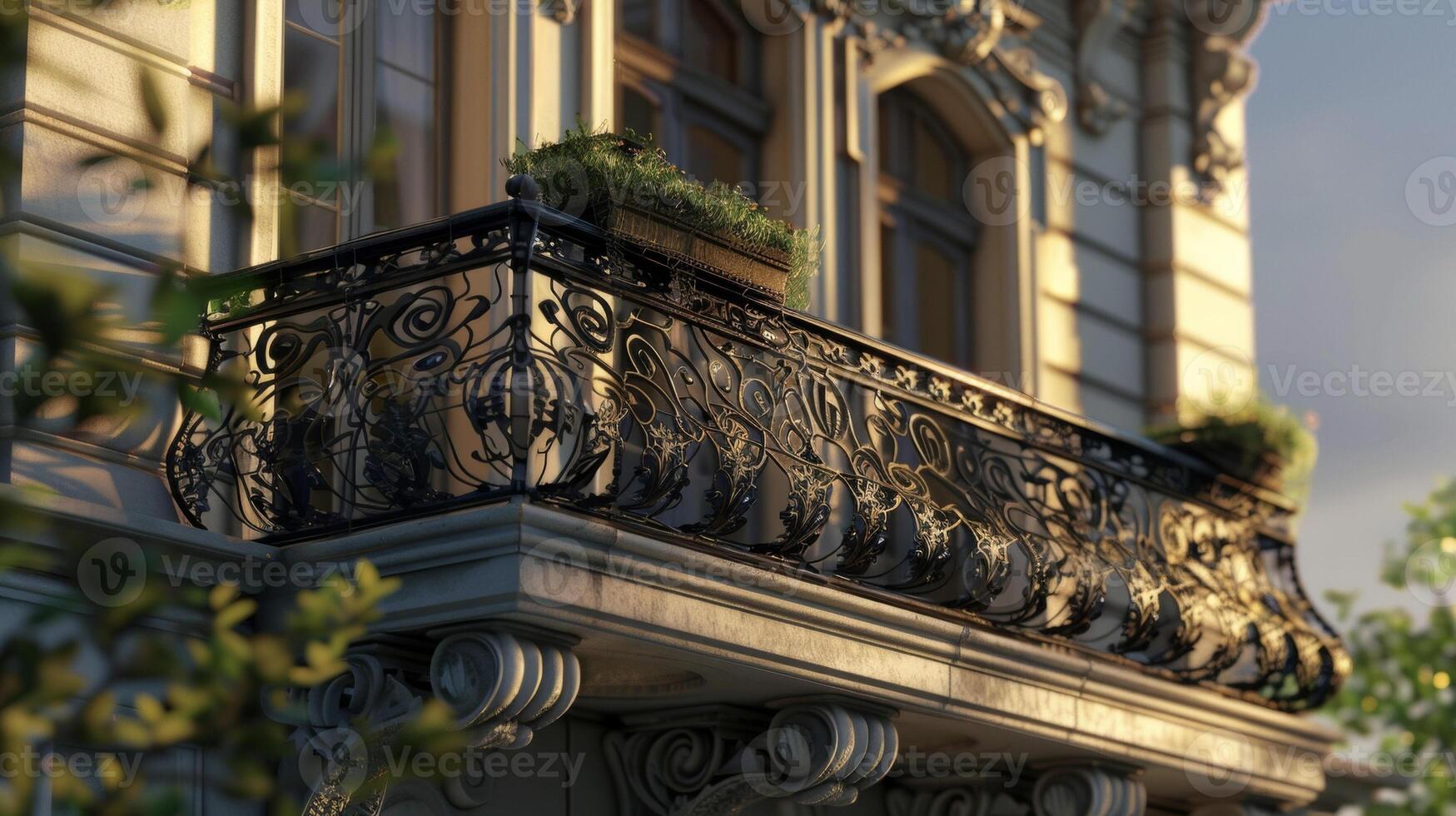 Ornate scrollwork and delicate detailing adorn the balconies and railings giving off a sense of timeless elegance photo