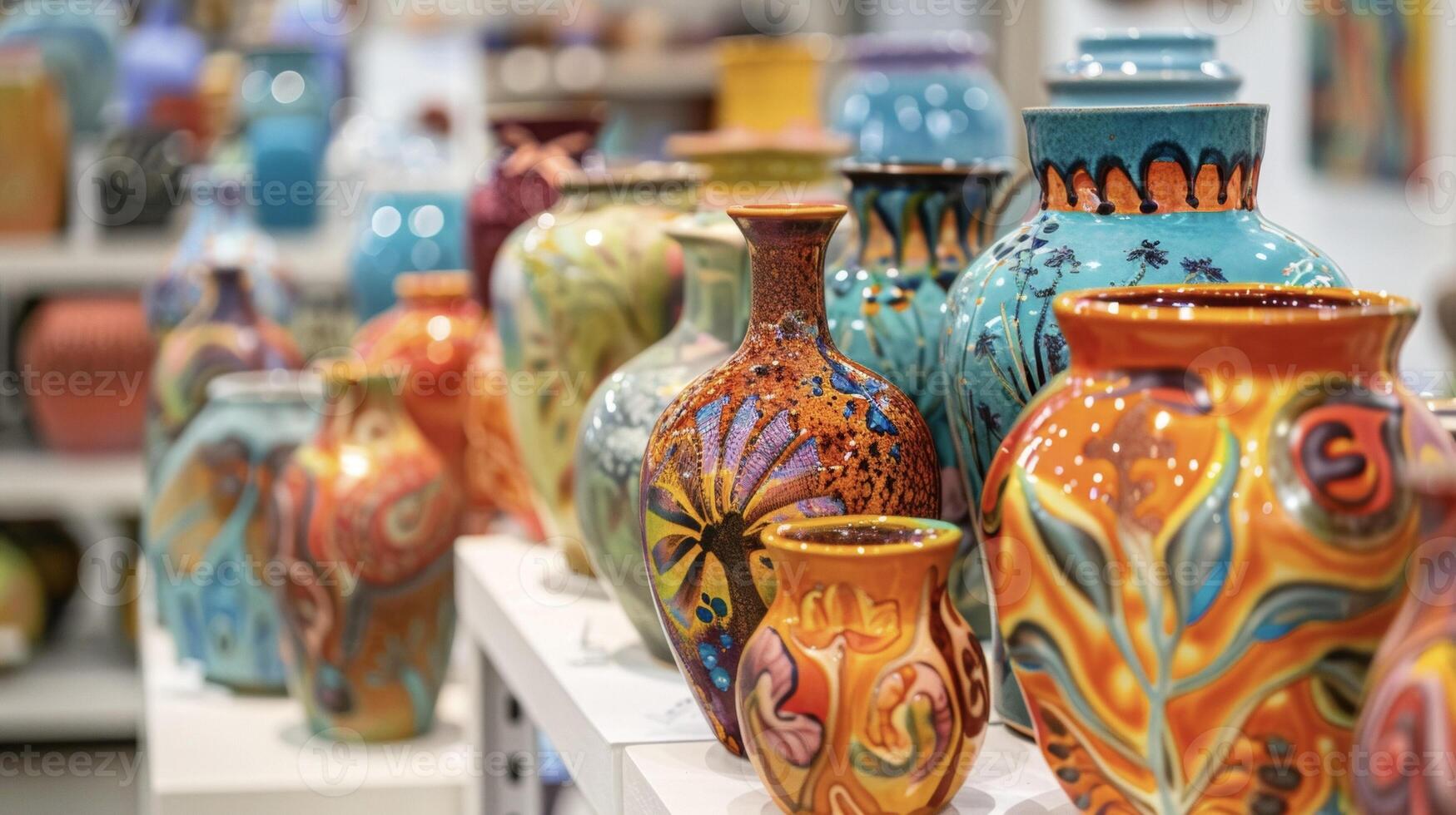 A variety of handpainted pottery on display each piece showcasing unique designs and vibrant colors photo