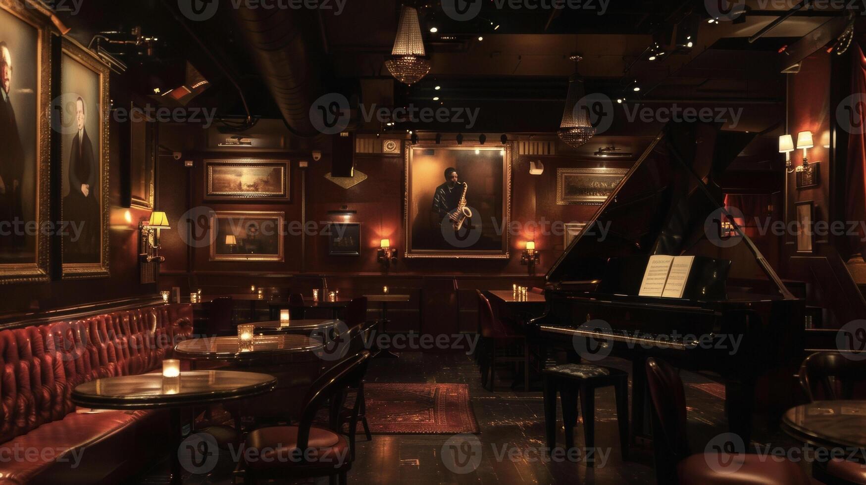 Inside a dimly lit jazz club the smooth sounds of saxophones and pianos fill the room as singers croon on stage. The intimate setting creates a cozy and classy atmospher photo