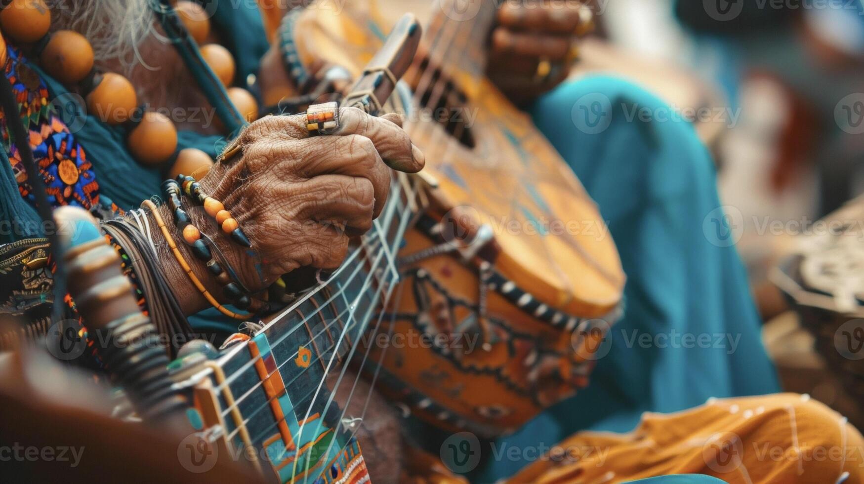 A musician playing traditional instruments and mesmerizing the crowd with their talent adding to the cultural ambiance of the market photo