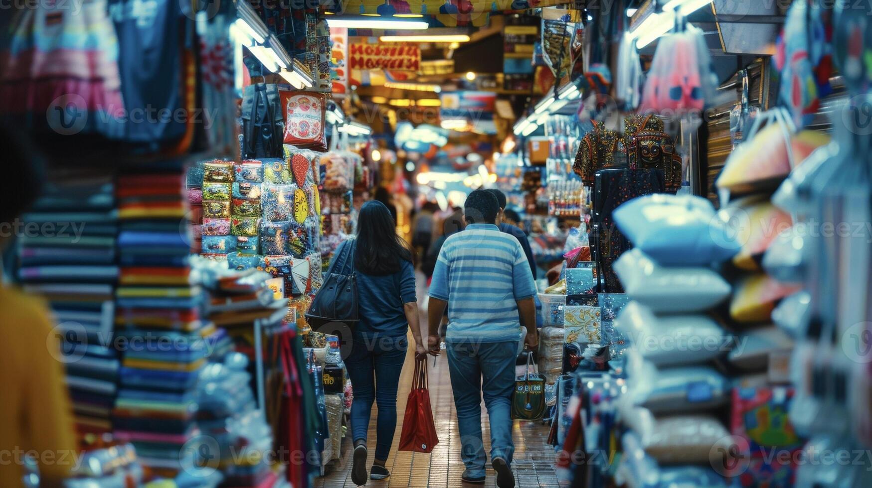 Busy shoppers maneuvering through narrow aisles surrounded by stacks of merchandise in a vibrant and chaotic scene photo