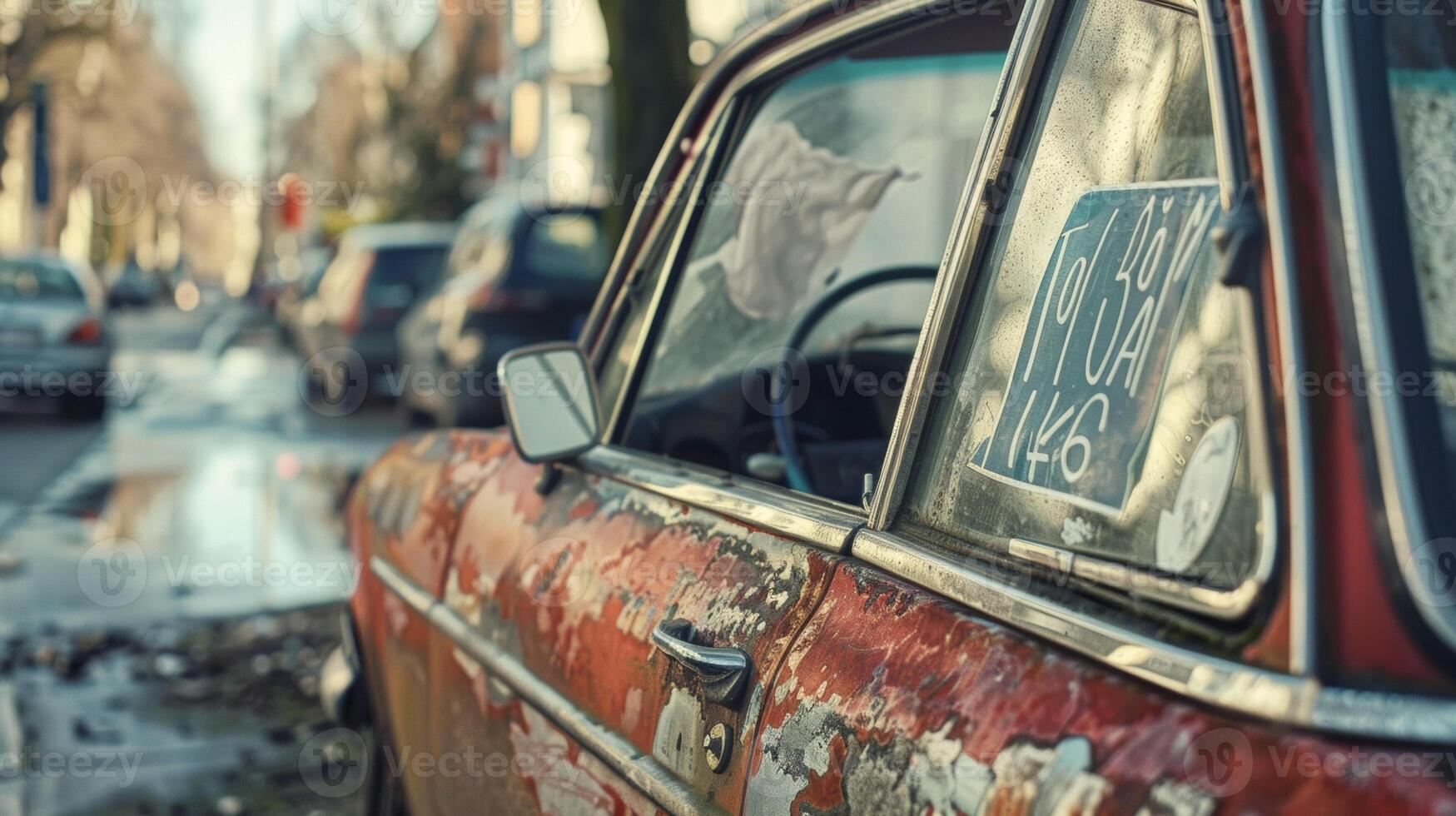 A handwritten for sale sign sticking out of the window of a beatup car parked on the side of the road with its owner eagerly discussing its features with a potential buyer photo