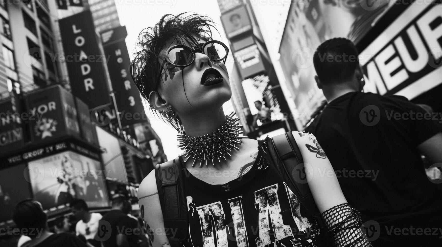 A person clad in ripped fishnet stockings combat boots and a graphic band tshirt marches through a crowded city street their face hidden behind a spiked choker and dark sunglasses photo