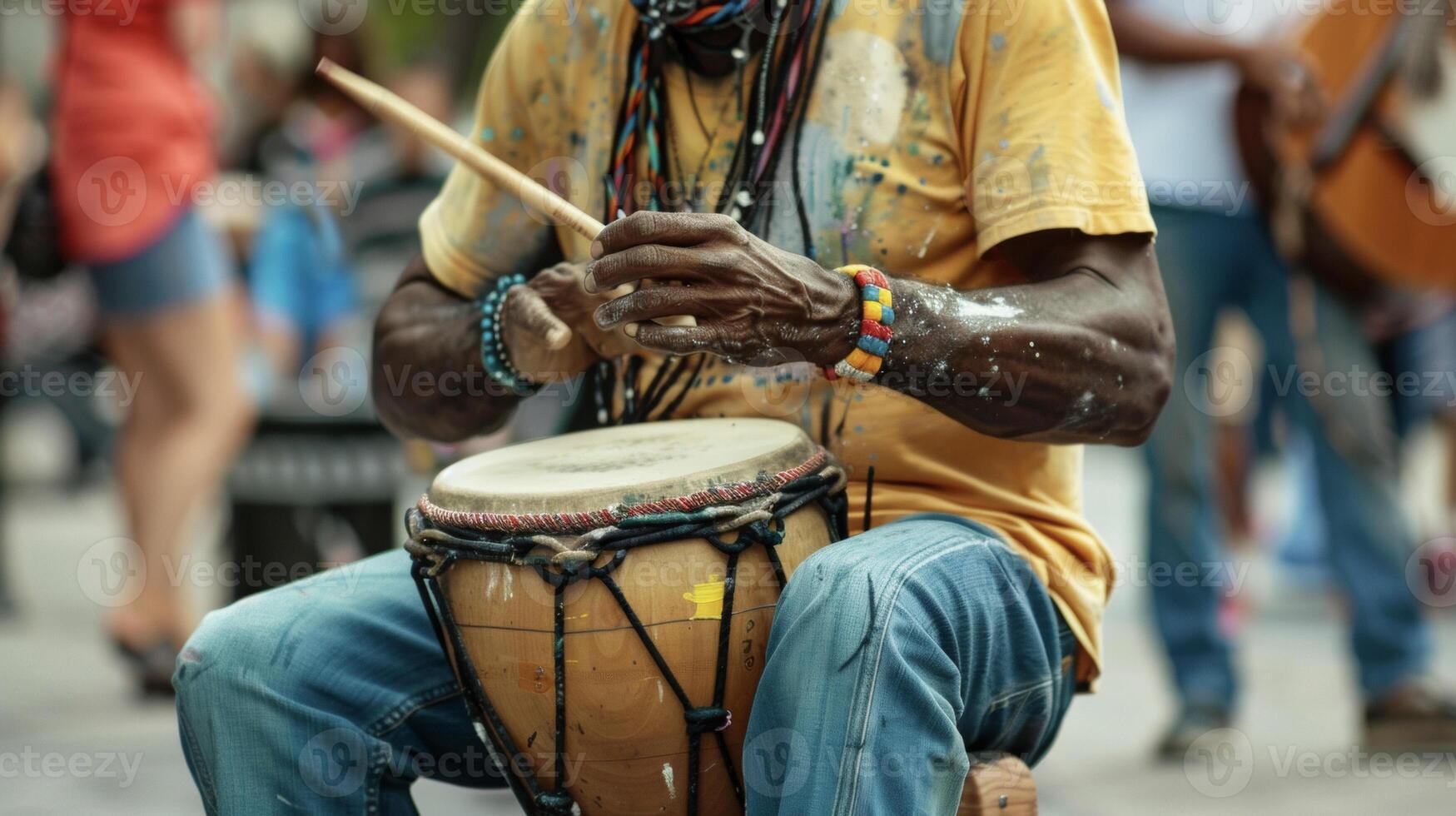 Ast the hustle and bustle of a busy city street a group of street performers showcase their diverse talents. The air is filled with the sound of music paint brushes brushin photo
