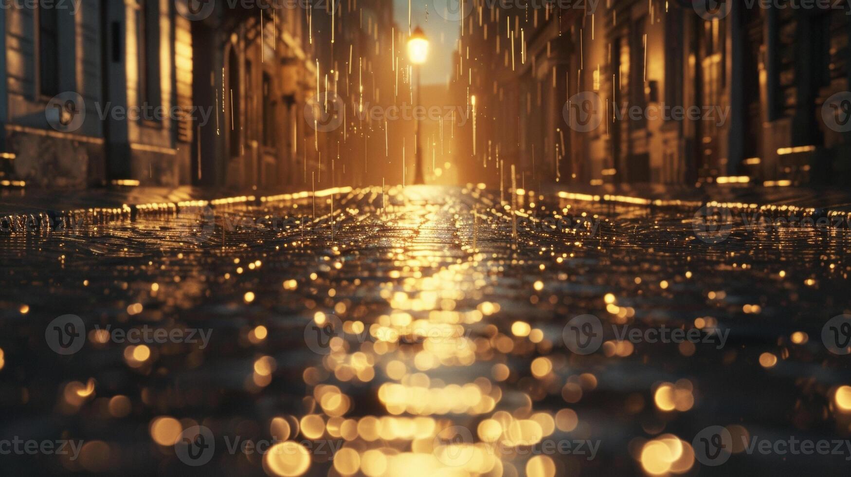 A lone streetlamp casts a warm golden light over a cobblestone street as raindrops trickle down its slick surface. The buildings on either side seem to shimmer and blend int photo