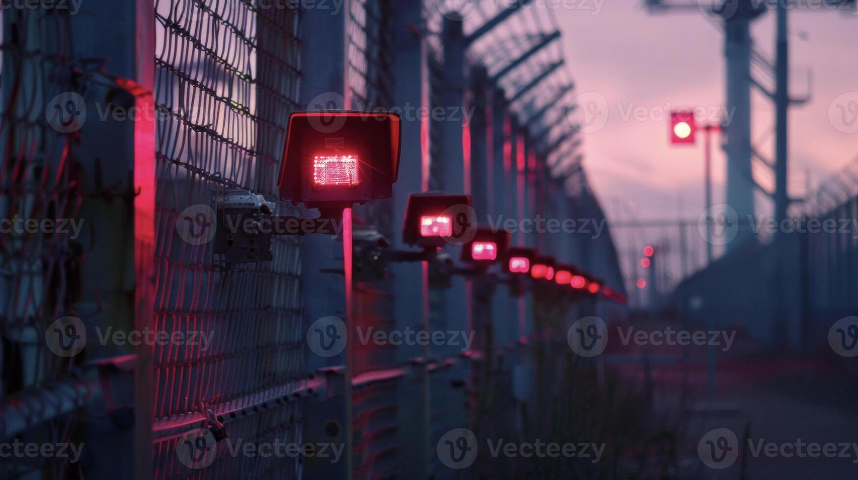 Infrared sensors and motion detectors line the perimeter of a sprawling industrial complex detecting and alerting security personnel to any unauthorized activity photo