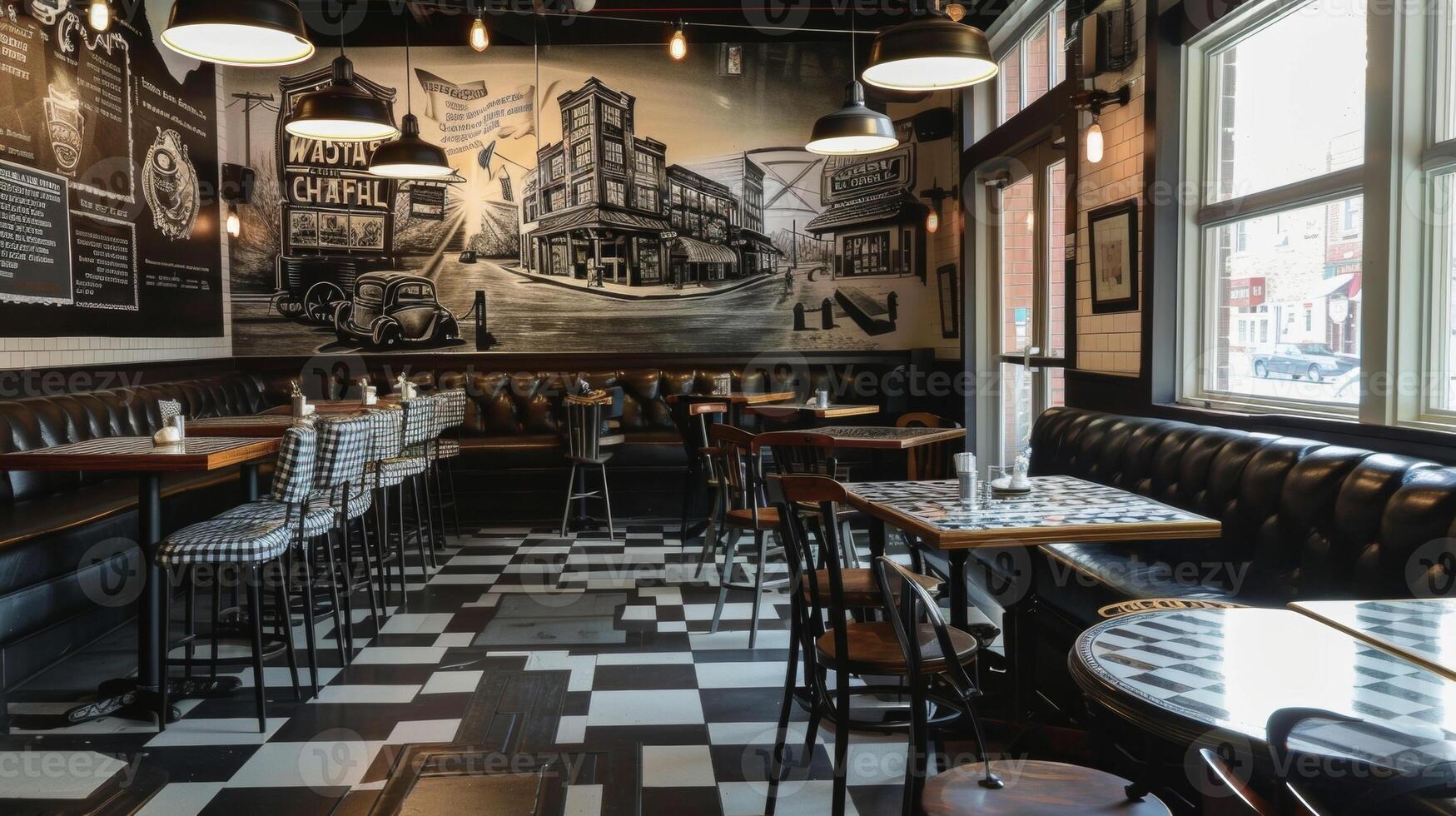 This cozy cafe has a vintage feel with black and white checkered floors and a leather banquette along one wall. The tables are adorned with black and white gingham tablecloth photo