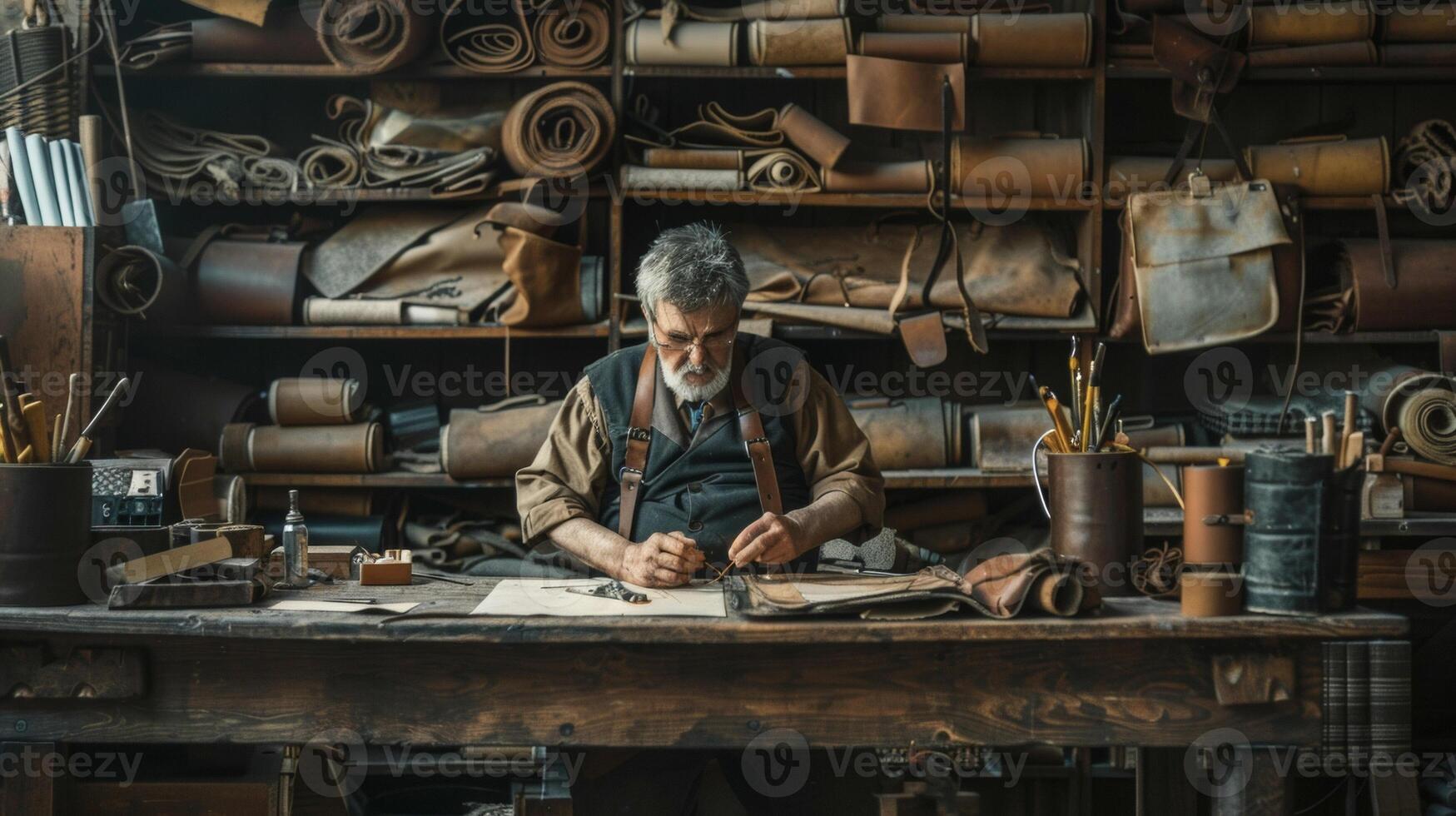 A skilled leather crafter sits at a workbench in the corner carefully stitching a bag together. The walls are adorned with shelves of leather rolls tools and finished product photo