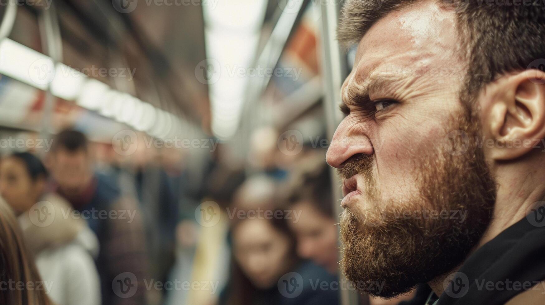 A man with a furrowed brow and clenched jaw clearly frustrated by the overcrowded train and the daily commute photo