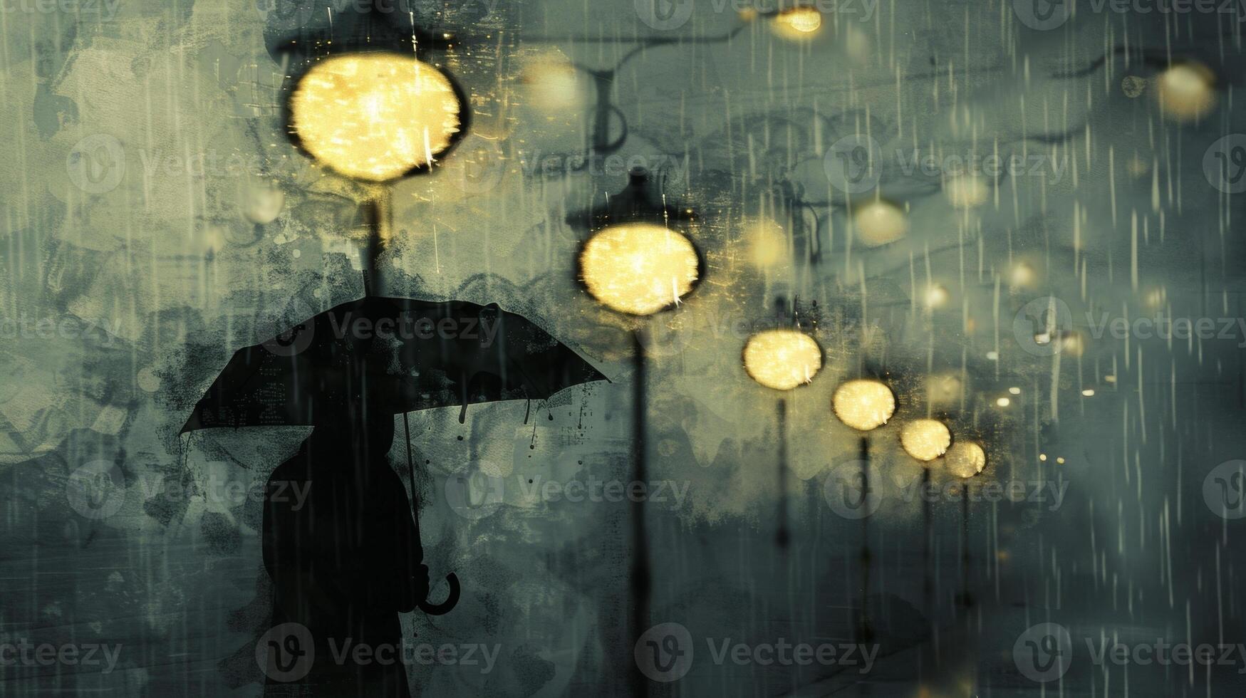 A shadowy figure walking under a string of street lamps their umbrella struggling to shield them from the steady stream of rain photo