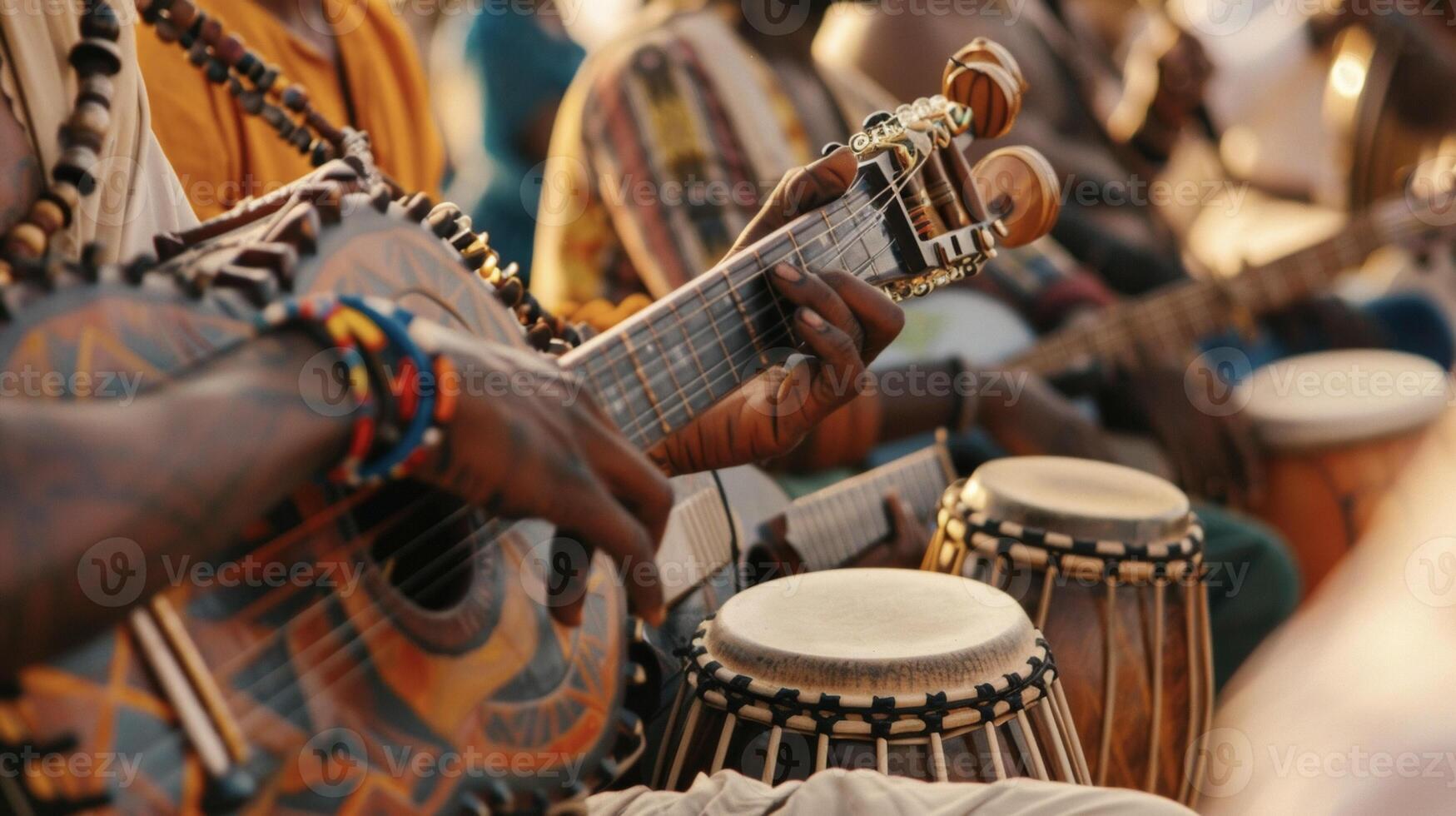 A group of musicians playing traditional instruments amidst a sea of people their music filling the air with a fusion of different cultural sounds and rhythms photo